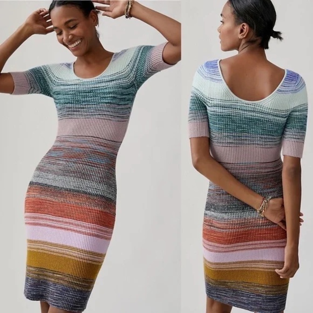 Anthropologie Size XS Midi Dress Multicolor Space-Dyed Scoop Neck Knit Striped - Picture 2 of 7